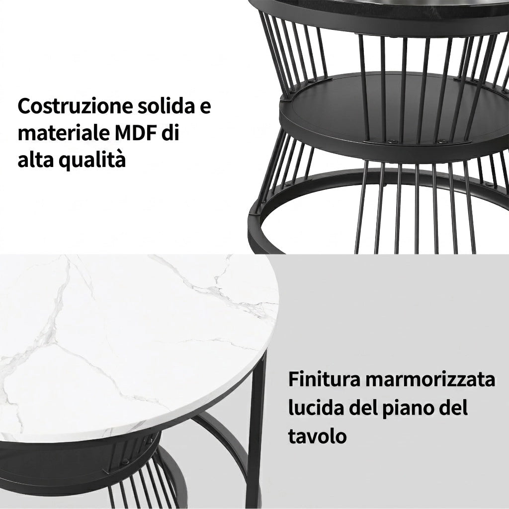 Tavolino salotto rotondo 70x70x45 cm set 2 pezzi tavolino da divano impilabile effetto marmo struttura in metallo - nero e bianco