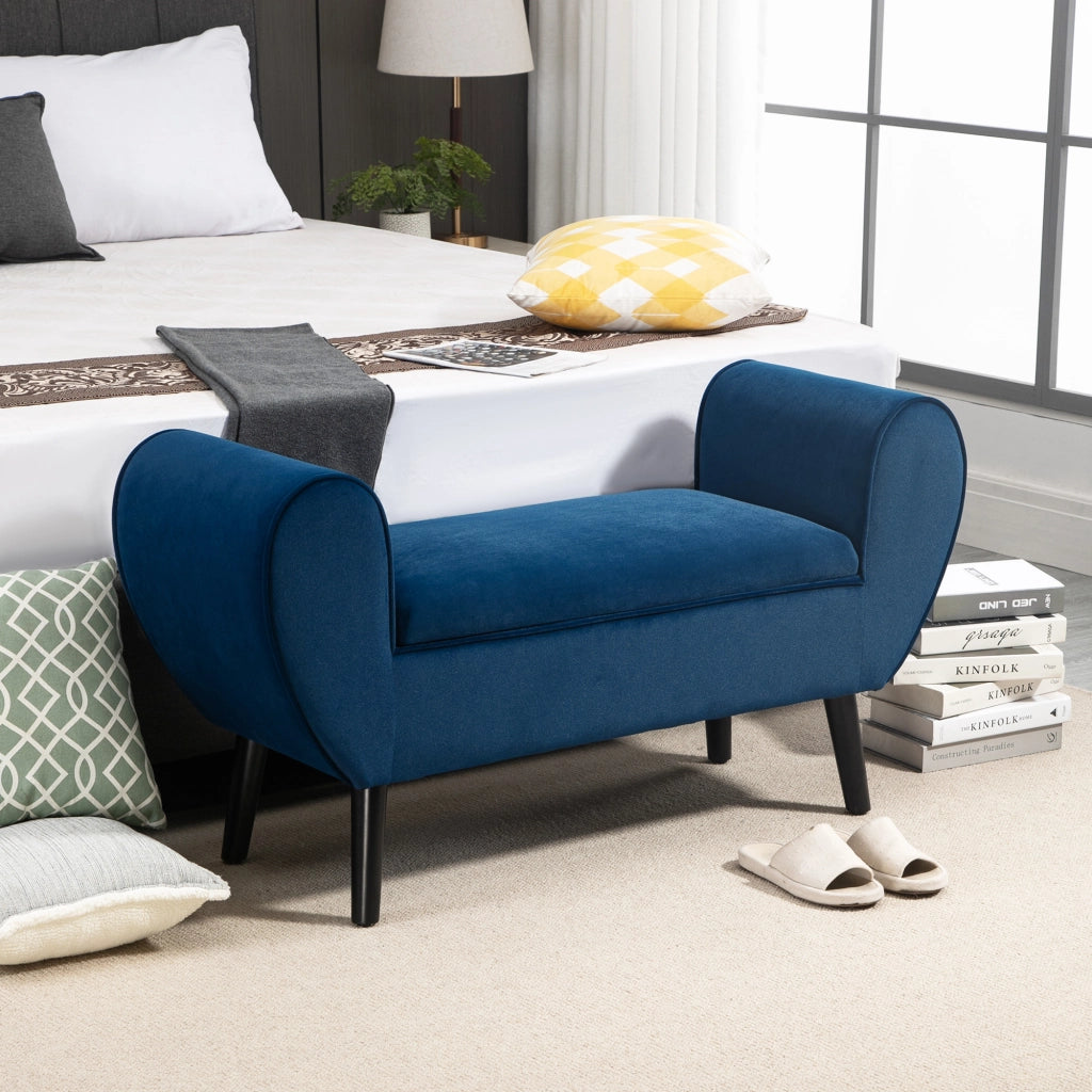 Panca Contenitore Imbottita in Tessuto Vellutato Blu con Braccioli e Gambe in Legno, 118x42x66cm, per Fondo Letto Casa