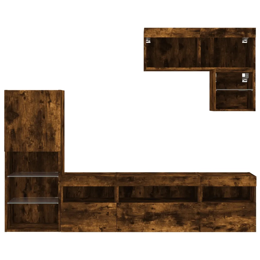 Mobili TV a Muro con LED 6 pz-Credenza per TV sospesa Rovere Fumo in Legno Multistrato 501271