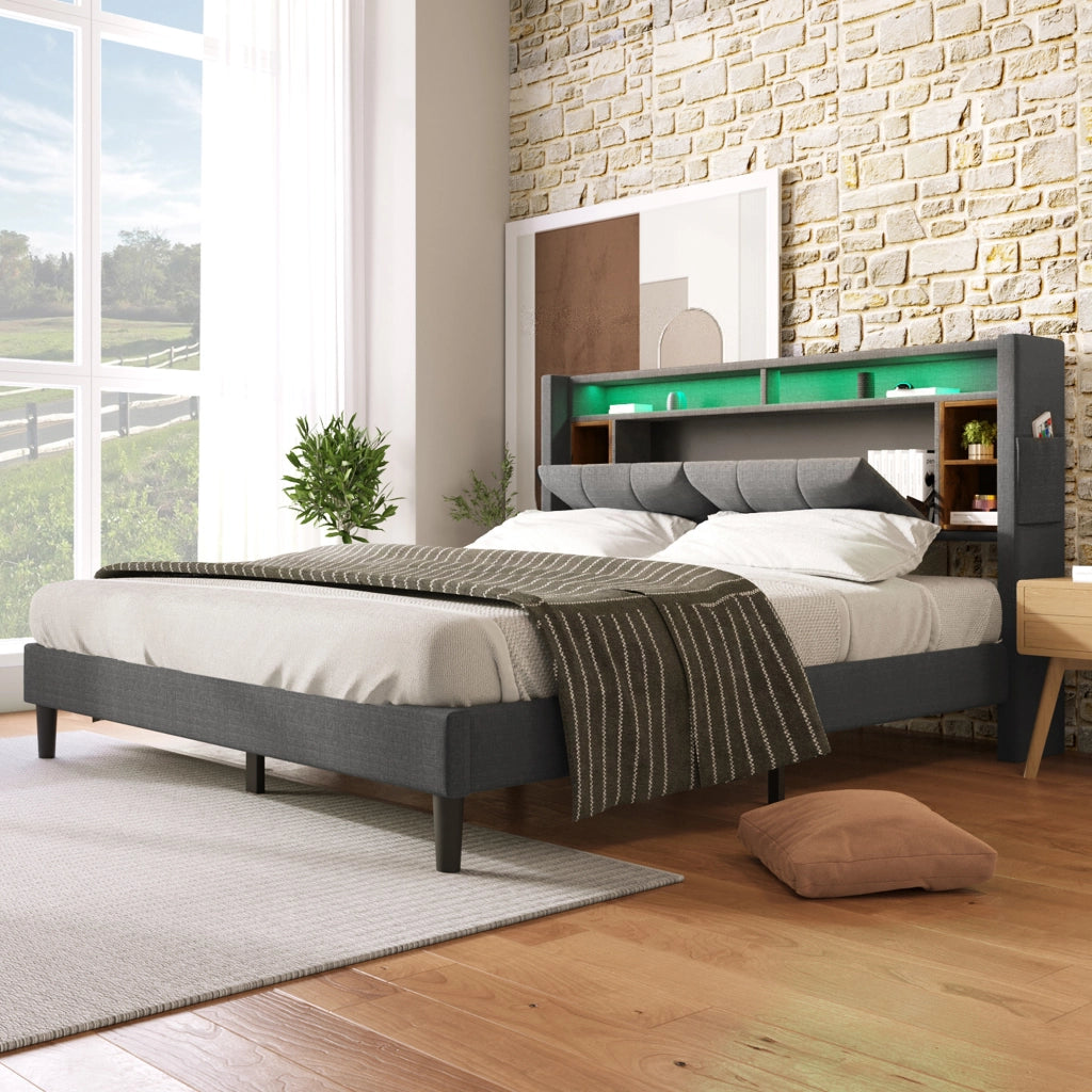Letto matrimoniale 160x200 cm grigio con testiera contenitore, LED, USB e prese