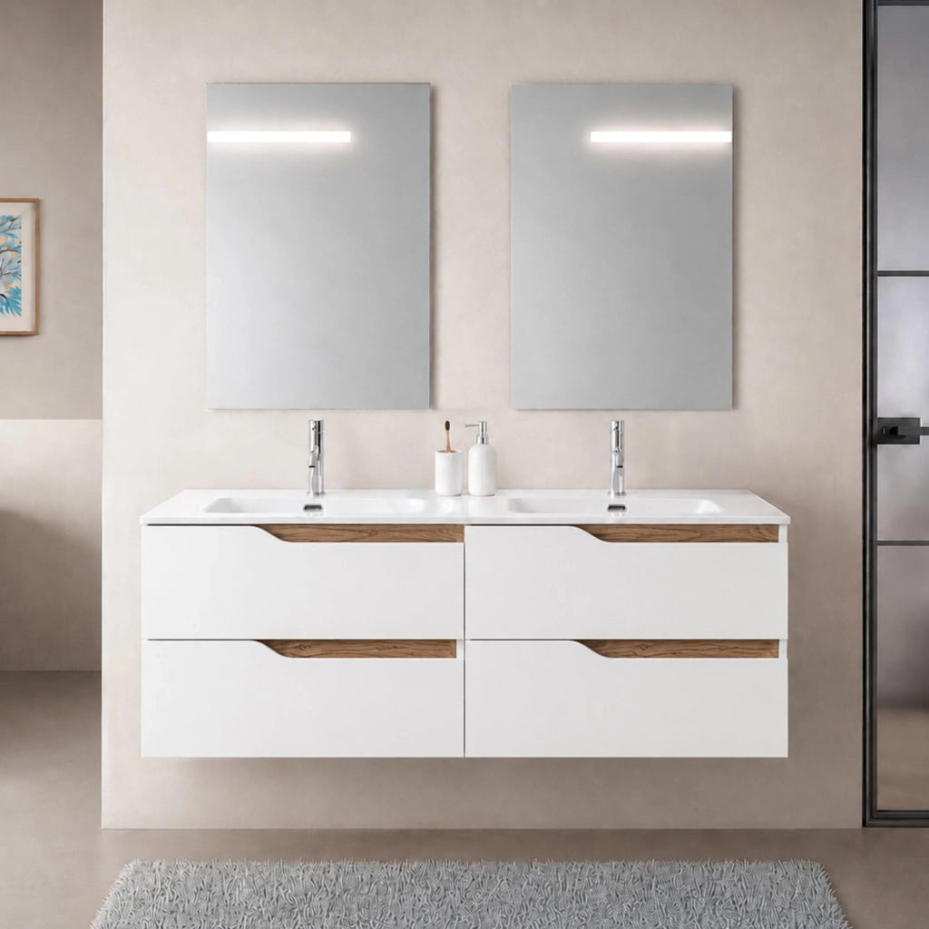 Mobile bagno sospeso 120 cm bianco e quercia due cassetti e doppia vasca Sumya