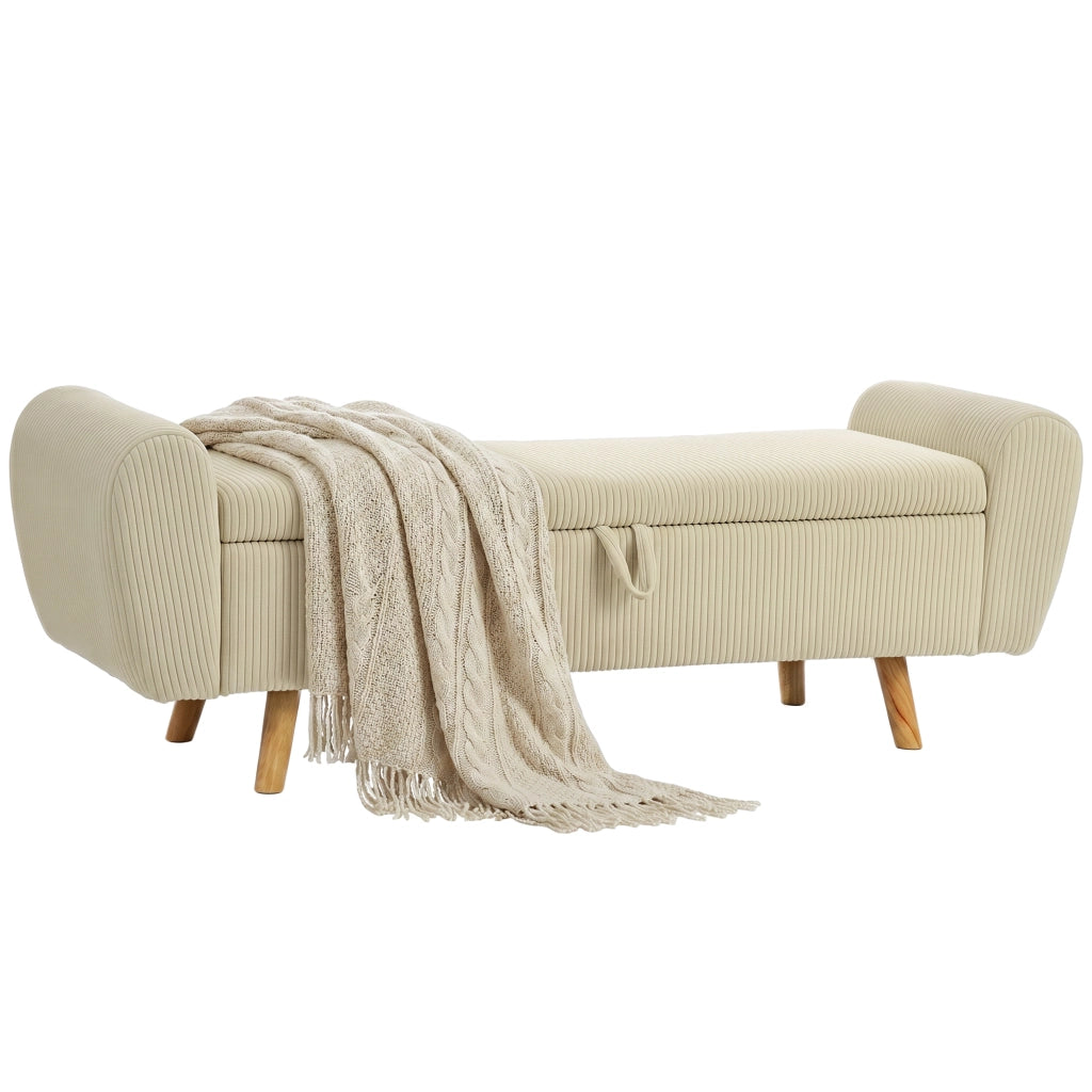 Panca Contenitore 73 L con Braccioli, Cassapanca Imbottita in Velluto a Coste e Gambe in Legno di Hevea per Camera e Soggiorno, Beige