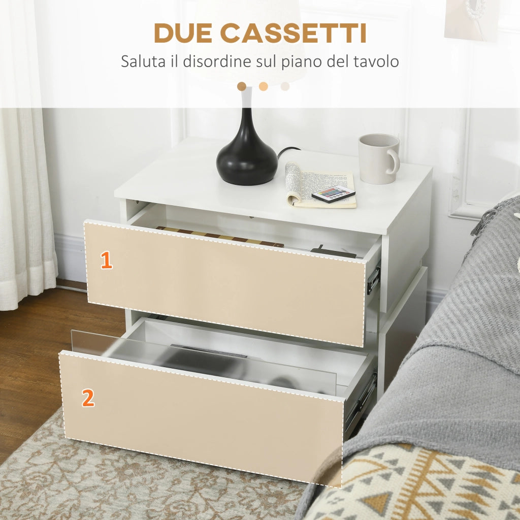 Comodino con luce LED e 2 cassetti ¨C Minimal ¨C Bianco 60x39x47