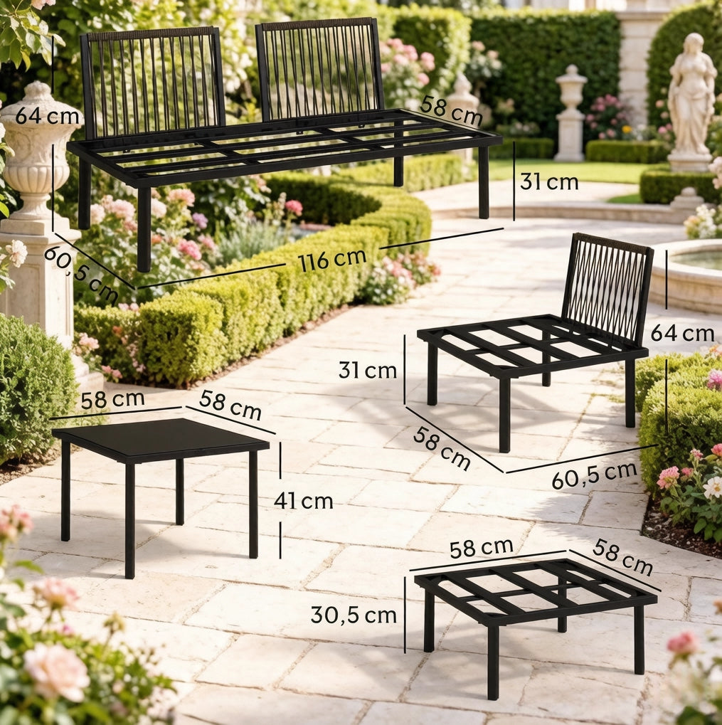 Set da giardino modulare ULEVR 6 pezzi con divano 2 posti, poltrone, pouf e tavolino in vetro, nero e grigio chiaro