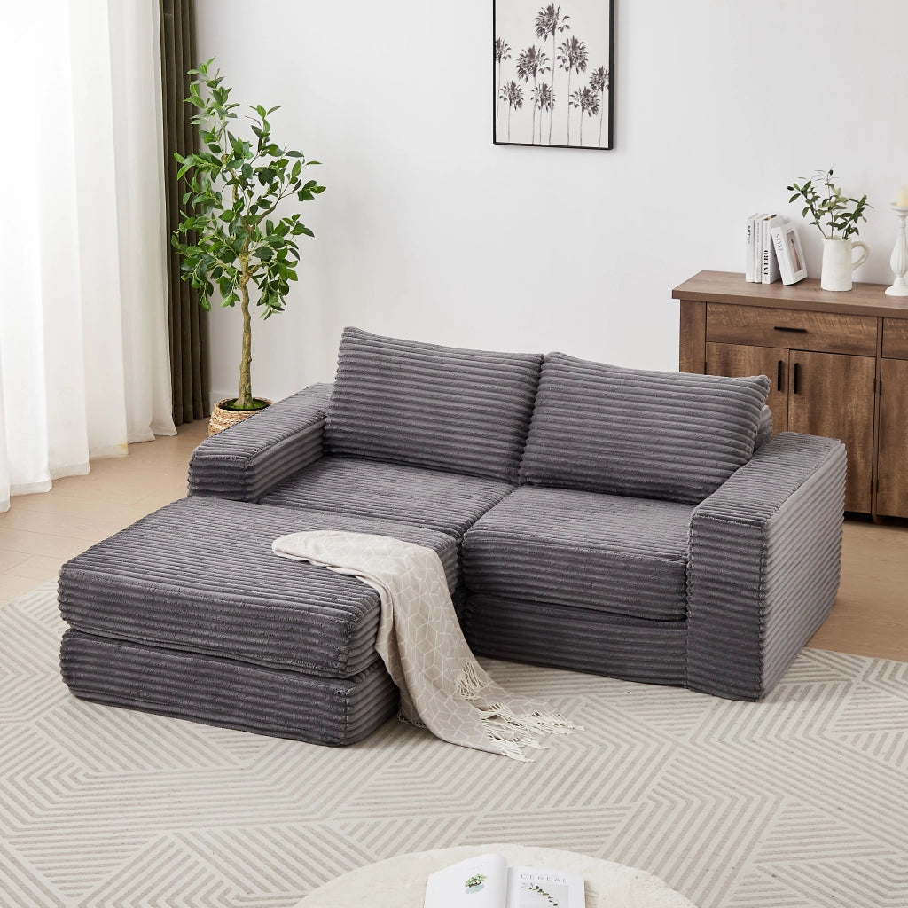 Divano Letto Modulare Convertibile con Pouf Mobile e Braccioli Quadrati in Velluto a Coste Grigio