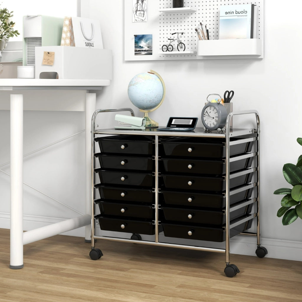 Carrello portaoggetti con 12 cassetti e ampio piano di lavoro, Cassettiera con 4 ruote per soggiorno e cucina Nero