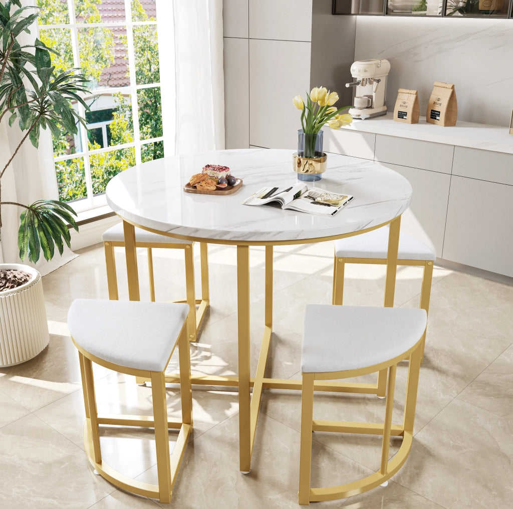TAVOLO da pranzo rotondo 80 cm MDF bianco e oro Set da 5 pezzi