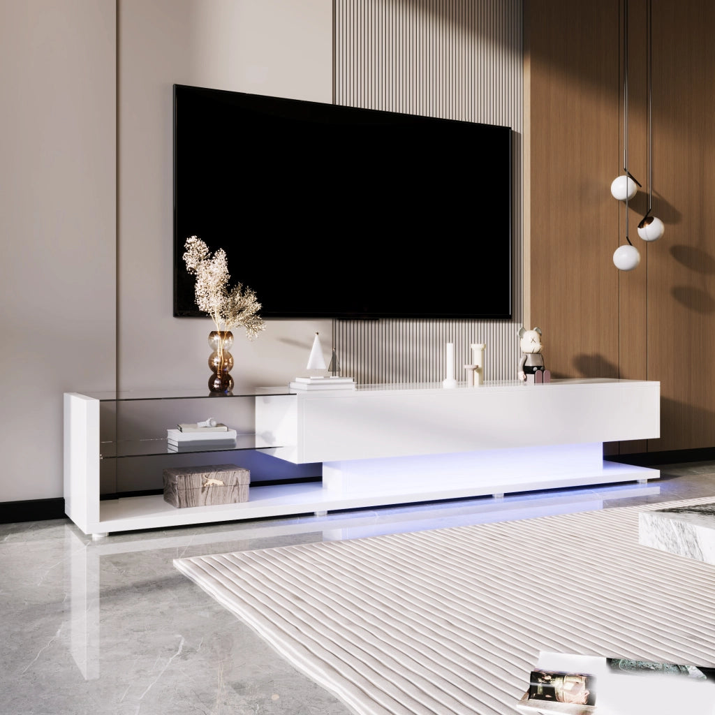 Mobile TV 170x36x38 cm Bianco Lucido con LED Multicolore, 2 Cassetti e 2 Ripiani in Vetro