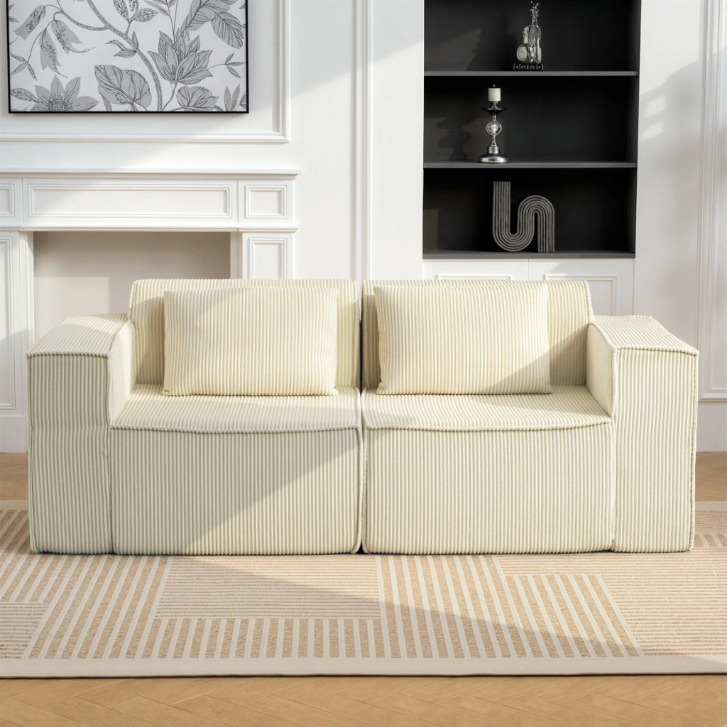 Divano 3 posti modulare con seduta profonda ¨C Xylo ¨C Velluto a coste beige con braccioli larghi e 2 cuscini