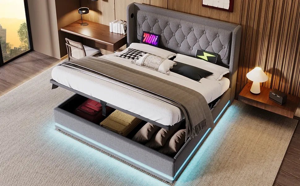 Letto matrimoniale imbottito 180x200 cm, grigio, cotone, con vano contenitore idraulico, testiera imbottita con ricarica USB-C e LED su 3 lati (senza materasso)