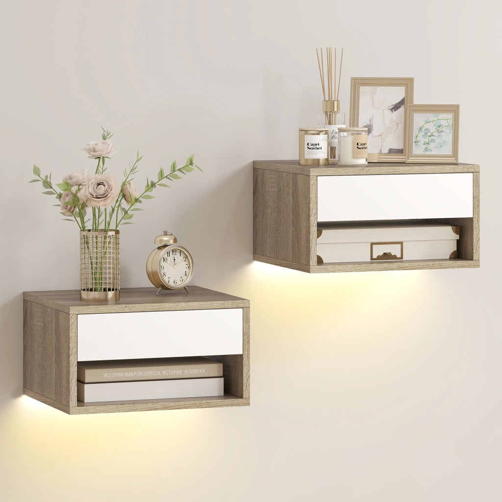 Set 2 Comodini Sospesi con Luci LED RGB e Controllo App Cassetto Mensola 37x32x21cm Color Teak Salvaspazio Design Moderno