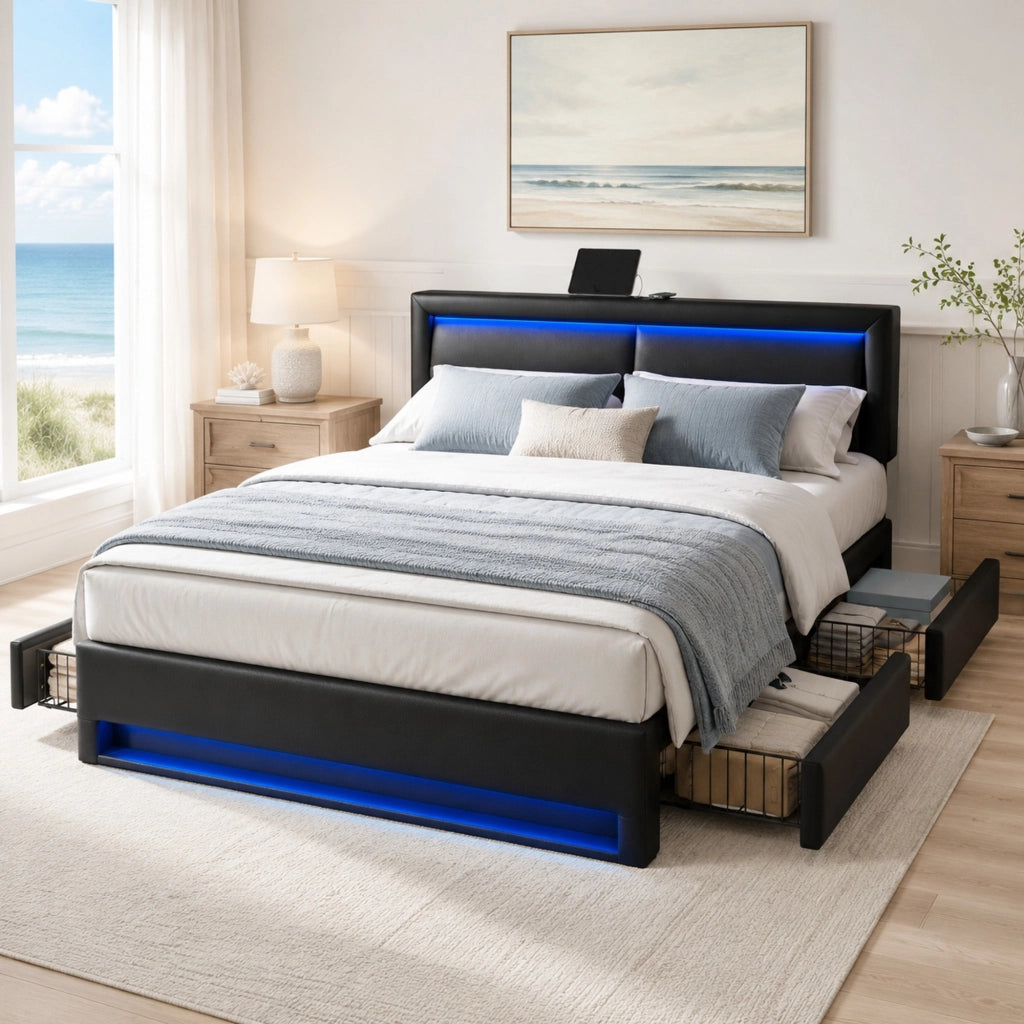 Letto imbottito 140x200 cm in PU nero con USB; LED e 4 cassetti