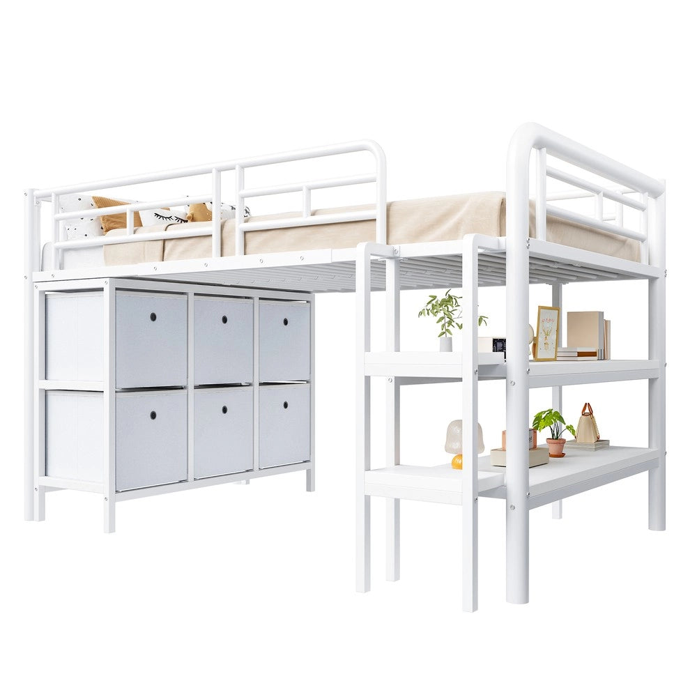Letto a Soppalco per Bambini con Cassetti e Scaffali ¨C MINIMAL ¨C Metallo Bianco 90x200