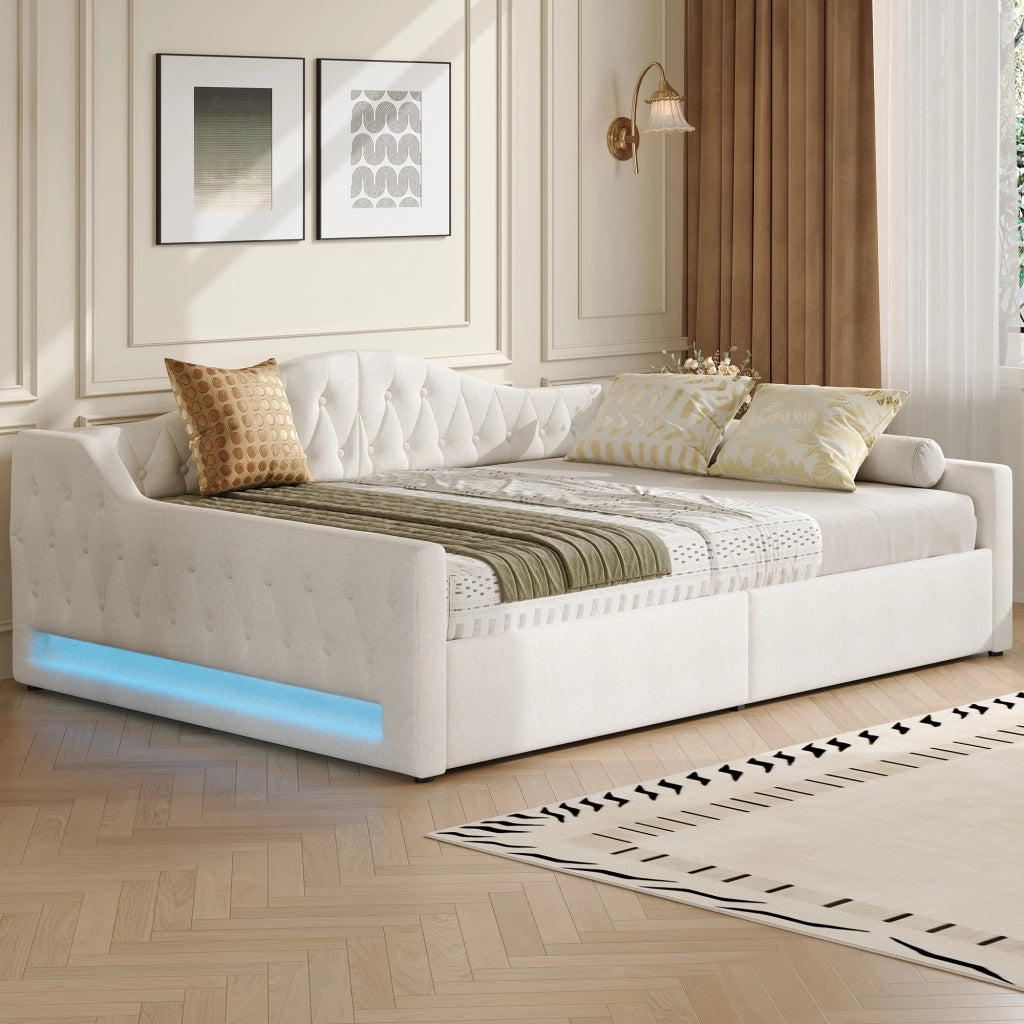 Letto da giorno imbottito 140x200 con LED e spazio contenitore, Beige