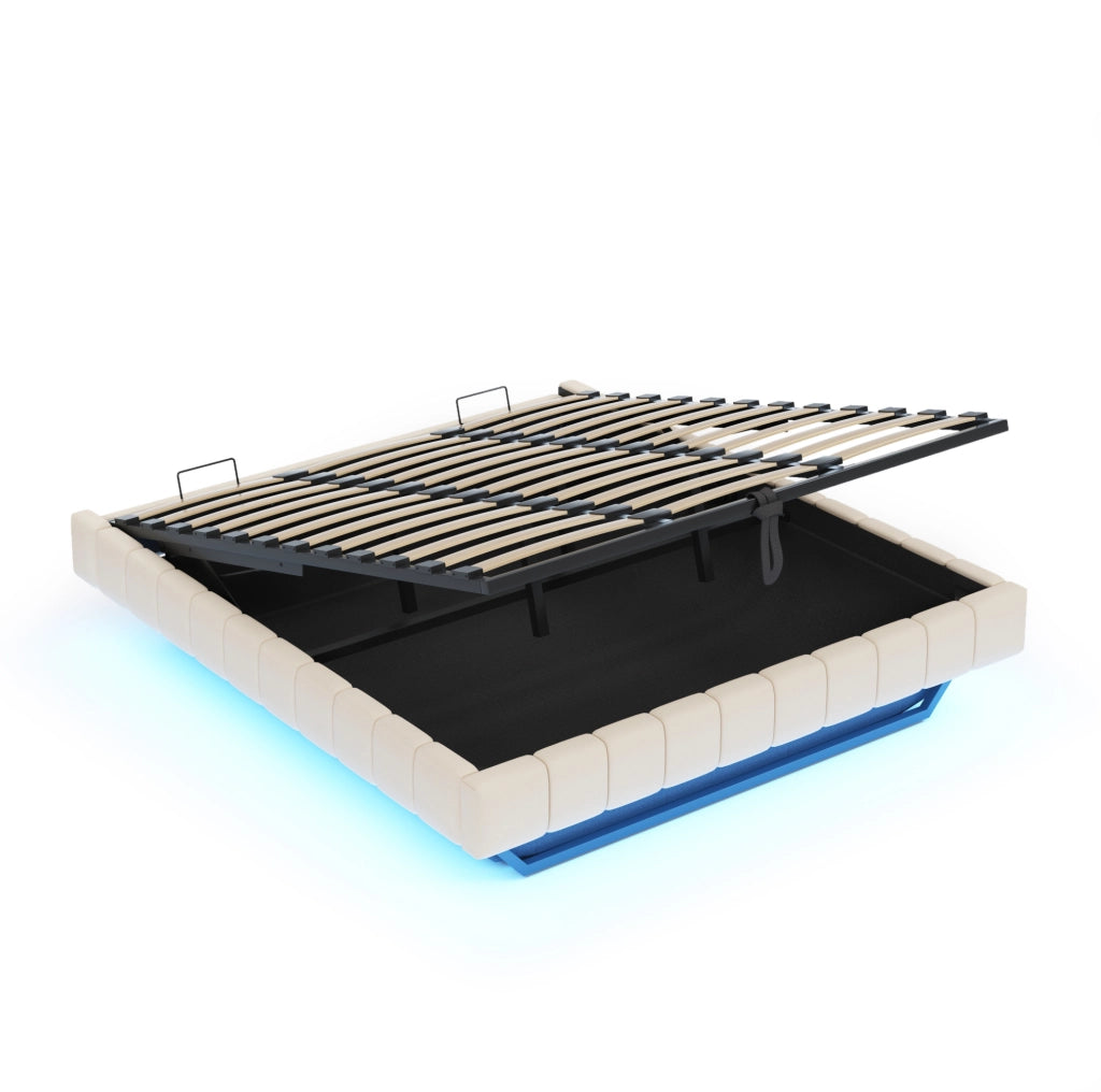 Letto imbottito sospeso 180x200 cm con contenitore e LED; beige