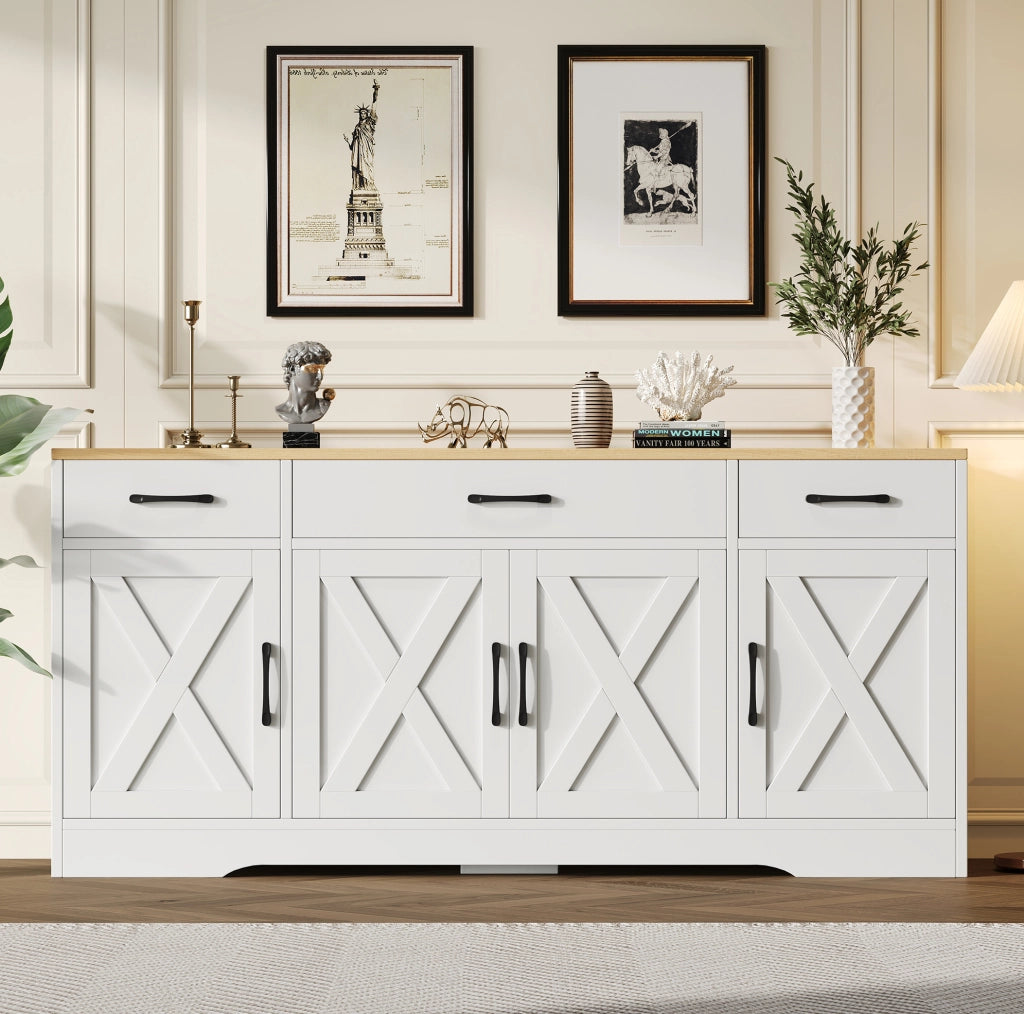 Madia bianca in MDF con 3 cassetti e 4 ante, 160 cm