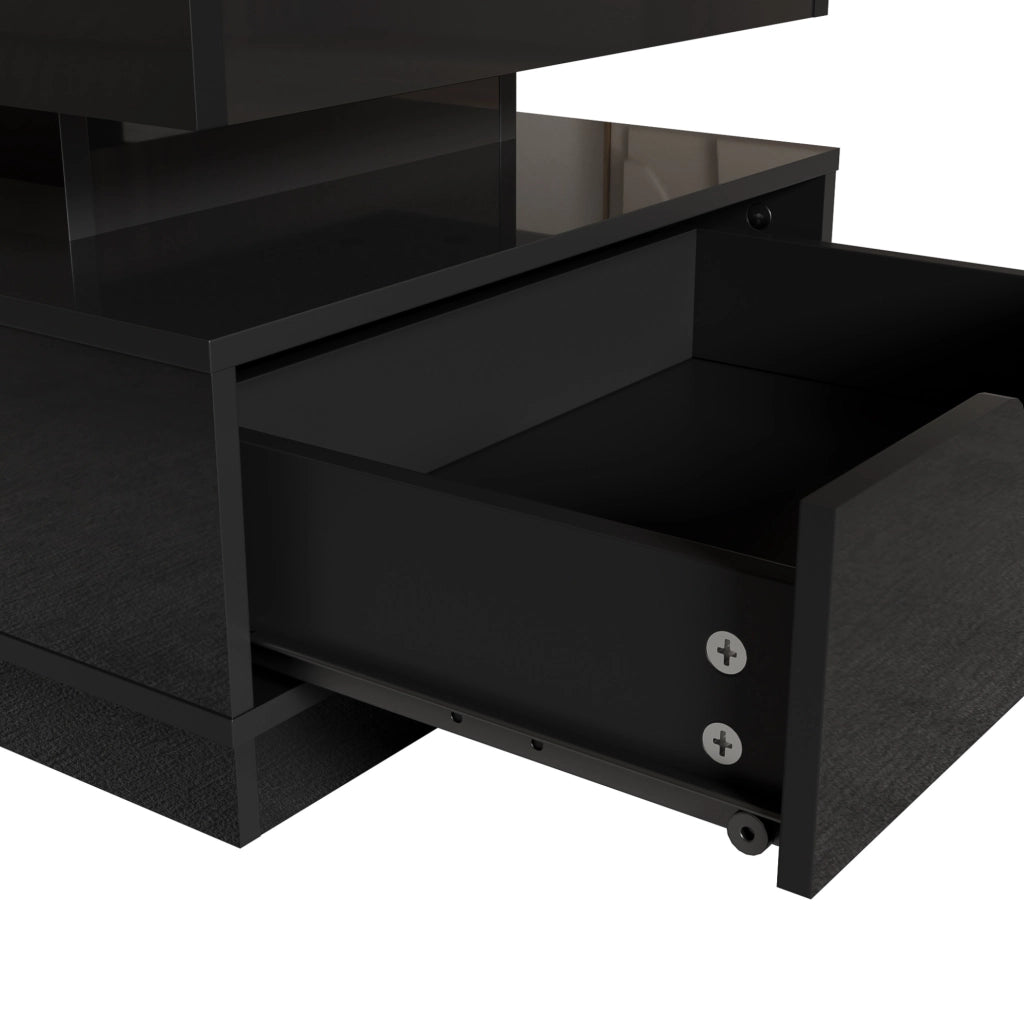 Tavolino da salotto nero lucido con piano elevabile e LED