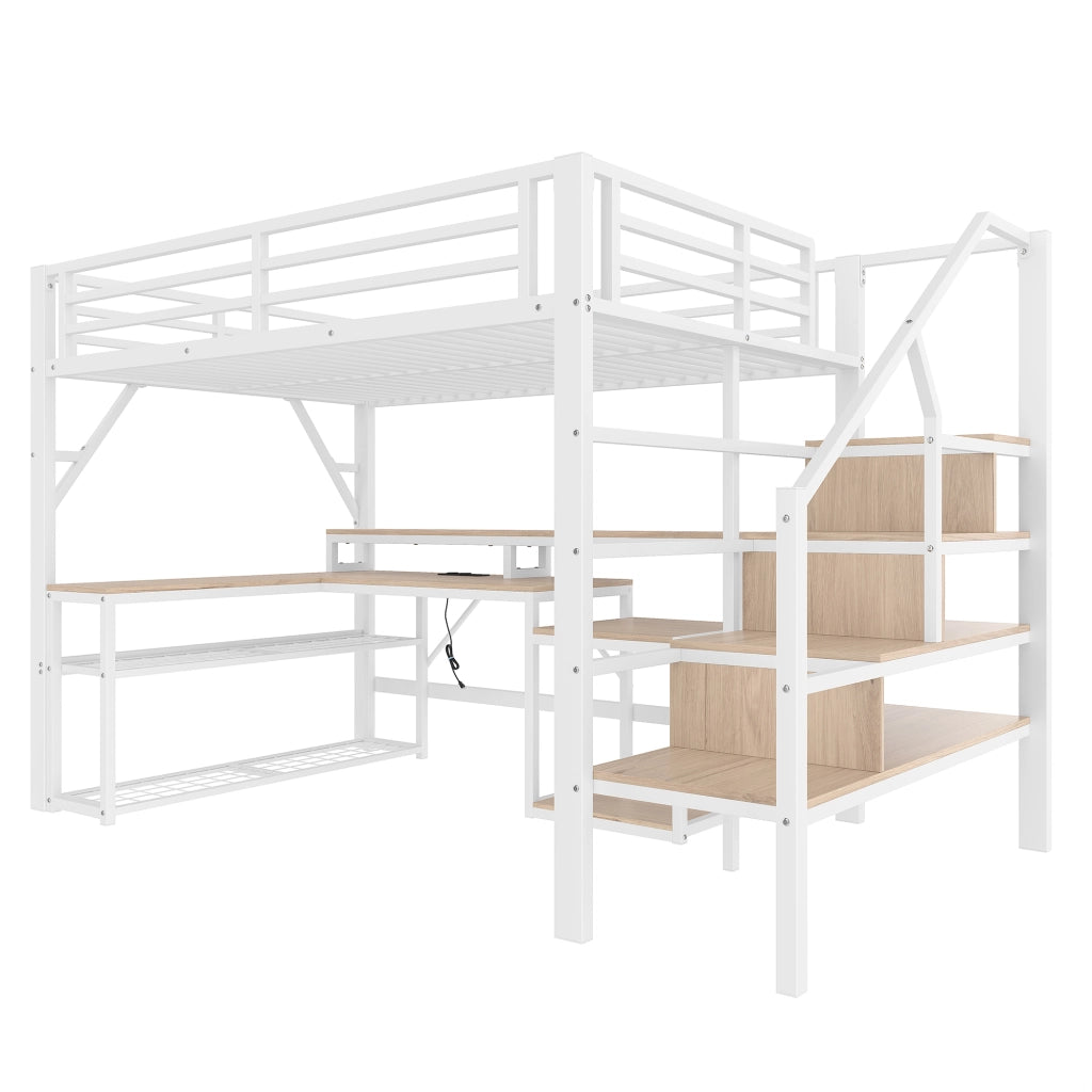 Letto castello 140x200 ferro ripiani scala ringhiere LED scrivania USB bianco