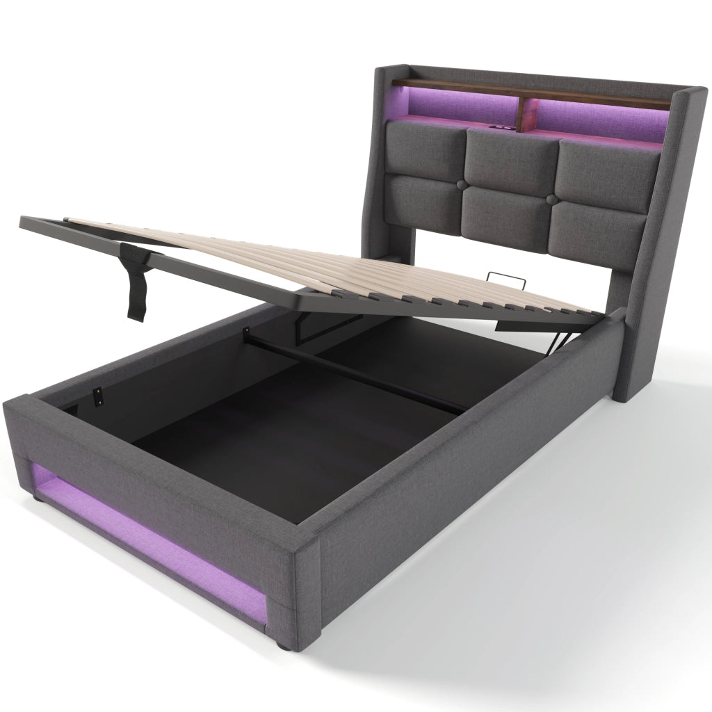 Letto singolo imbottito 90x200 cm con contenitore e luci LED