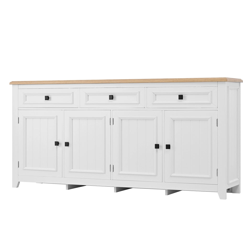 Sideboard moderno in MDF bianco con finitura effetto legno 160x35x76 cm, con 3 cassetti e 4 ante