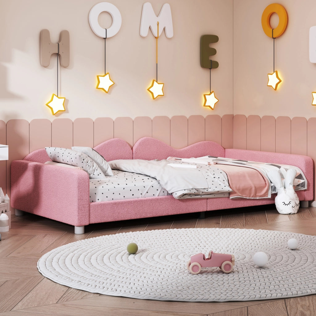 Letto per bambini imbottito 90x200 cm con schienale e braccioli in tessuto Teddy rosa