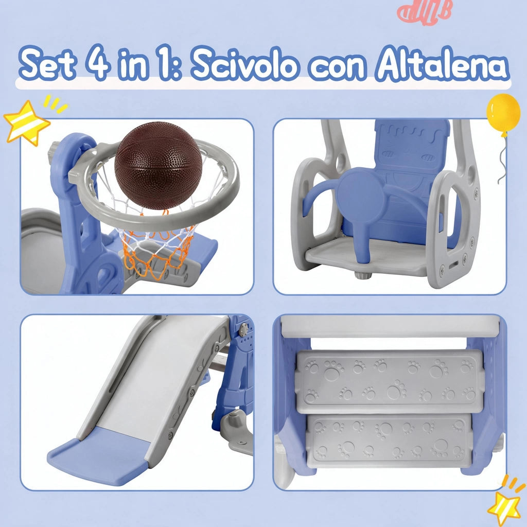4 in 1 Parco Giochi Bambini 140x118x102cm Scivolo per Bambini, Parco Giochi Bambini Interno, con Altalena, Scivolo, Canestro Basket, Scala, Blu