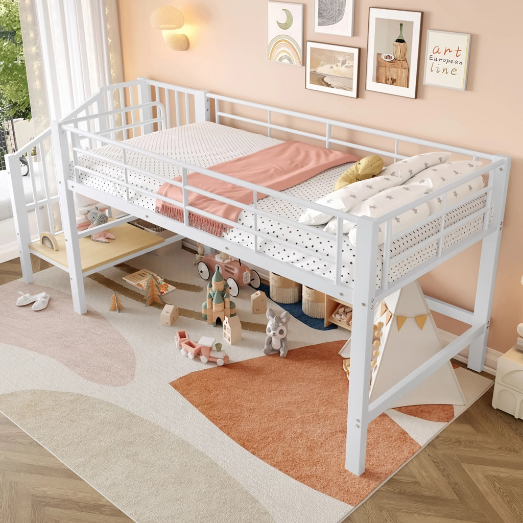 Letto a soppalco per bambini 90x200 con scala contenitore; metallo bianco