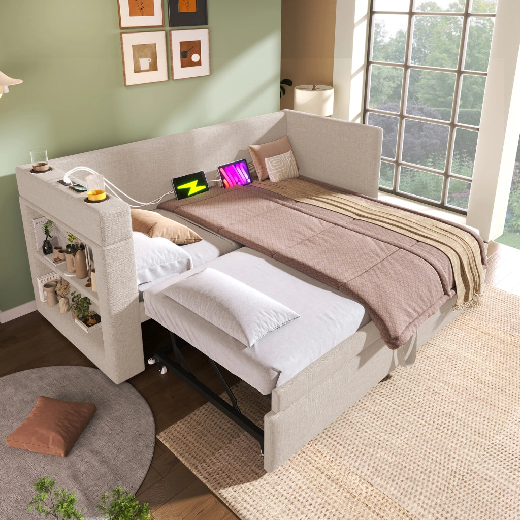 Divano letto 90x190 cm beige con letto estraibile