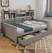 Letto divano 90x200 cm grigio con cassetti e ripiani laterali