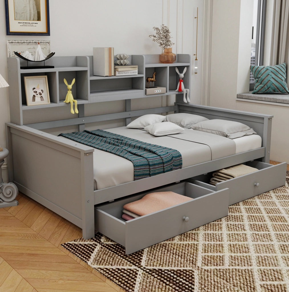 Letto divano 90x200 cm grigio con cassetti e ripiani laterali