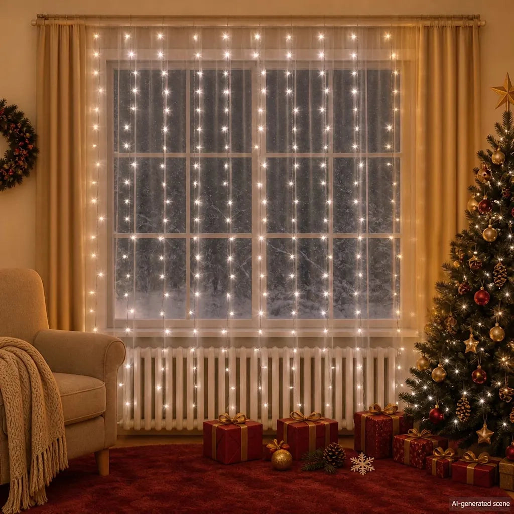 Tenda Luci a Ghiaccioli 3x3m 300 LED Bianco Freddo 8 Funzioni 328928
