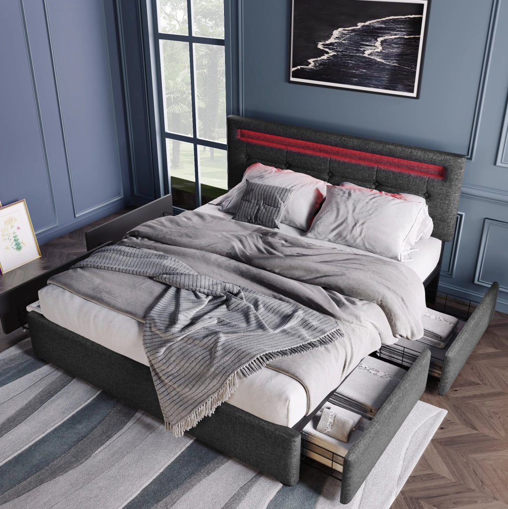 Letto 140x200 cm con LED, 4 cassetti e testiera regolabile in lino grigio