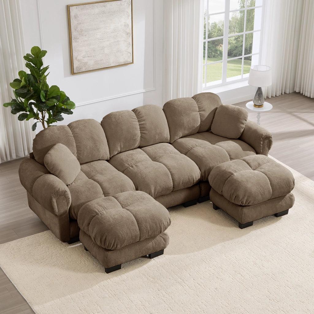 Divano modulare in ciniglia con sedute trapuntate e pouf mobili marrone 260 × 149 × 90 cm