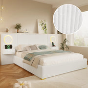 Letto imbottito 180x200 cm in velluto beige con LED, USB e comodini con cassetti