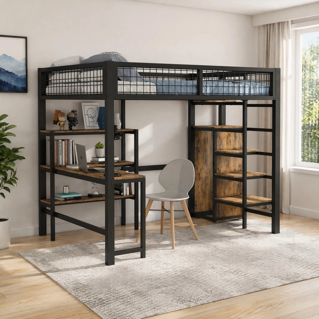 Letto a soppalco 140x200 cm in metallo e MDF con scrivania, armadio e scaffali nero/marrone