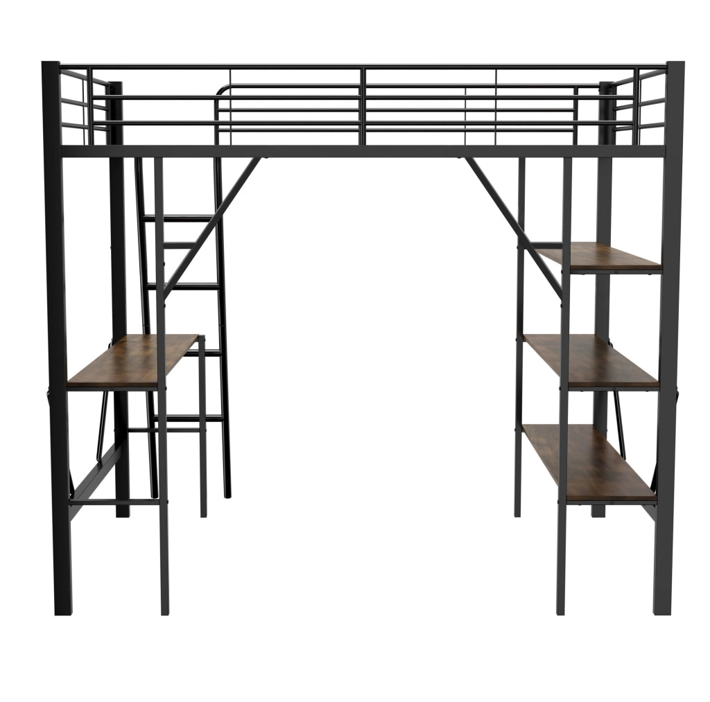 Letto a soppalco 90x200 cm in metallo con scrivania e 3 ripiani, nero