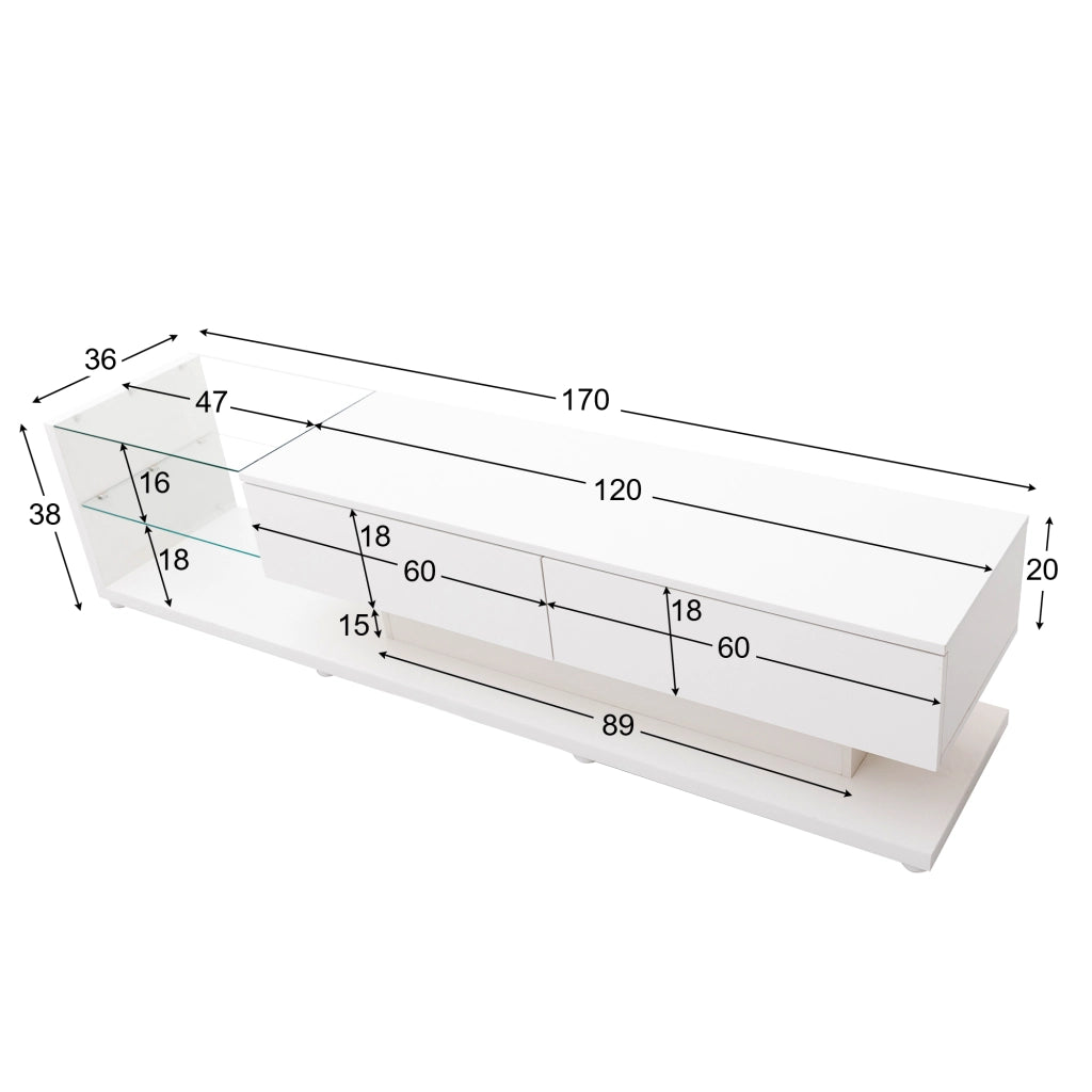 Mobile TV 170x36x38 cm Bianco Lucido con LED Multicolore, 2 Cassetti e 2 Ripiani in Vetro