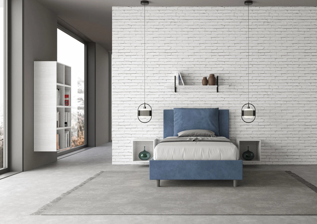 BS COM Letto una piazza e mezza senza rete imbottito 110x190 microfibra blu