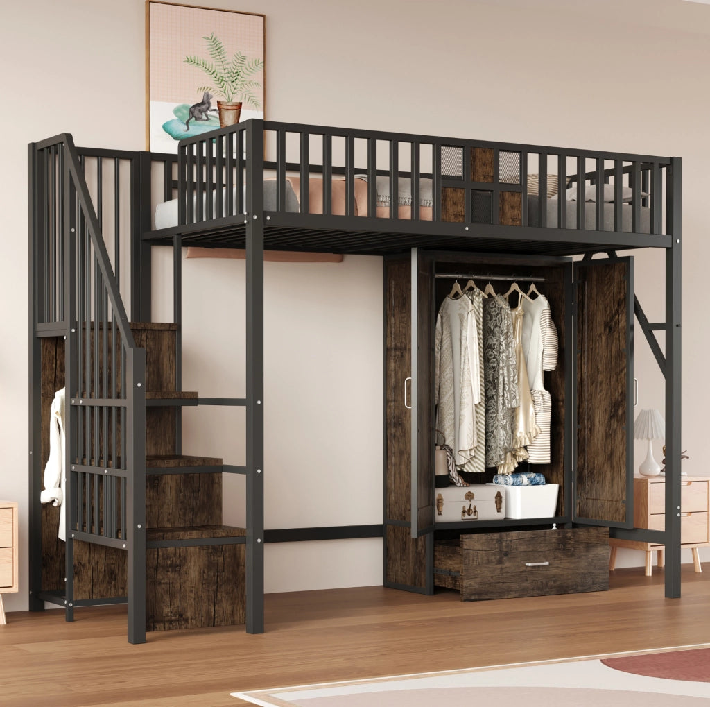 Letto a soppalco 90x200 cm nero con armadio, cassetto e scala contenitore