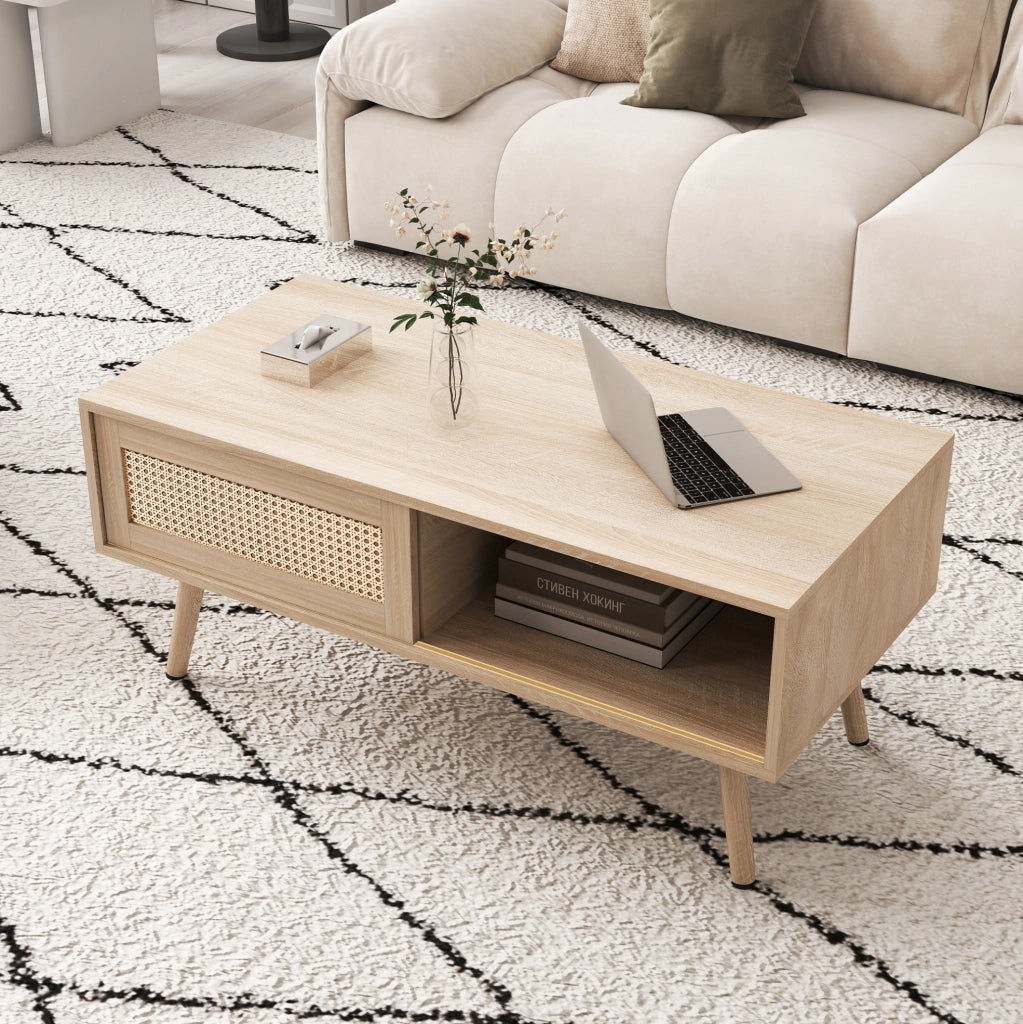 Tavolino 105x55x41,5 cm MDF finitura naturale anta scorrevole effetto rattan