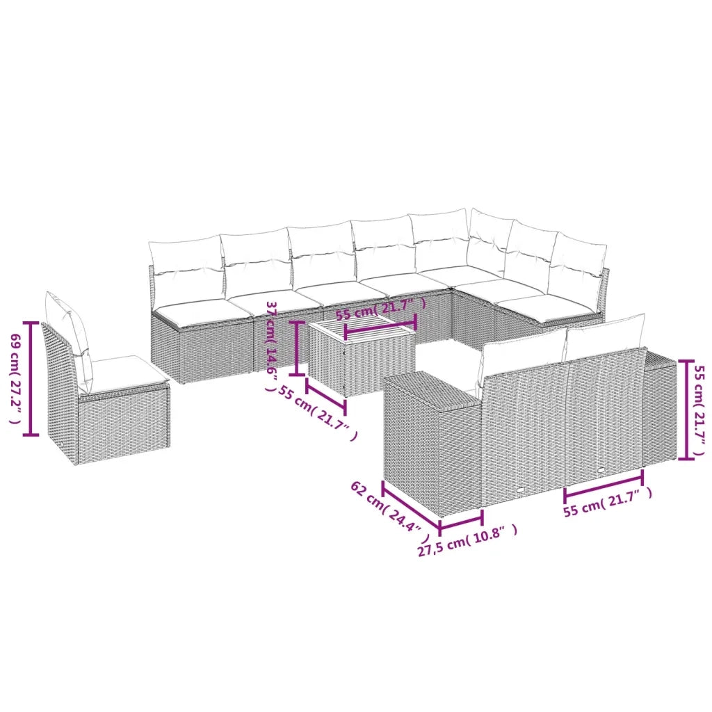 Set Divani da Giardino 11 pz con Cuscini in Polyrattan Grigio