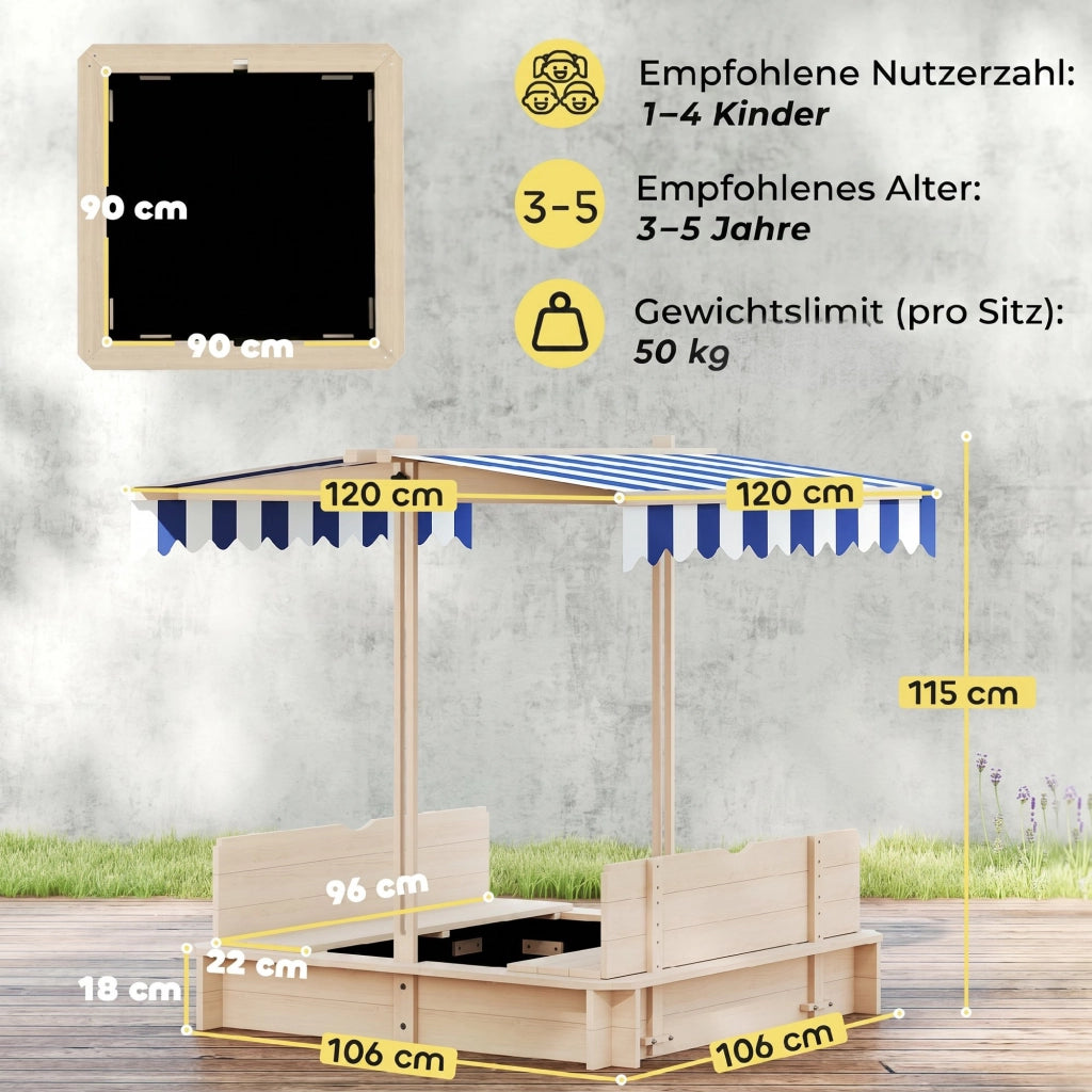 Sandkasten Kinder 106x106 cm Höhenverstellbar Abdeckung Blau