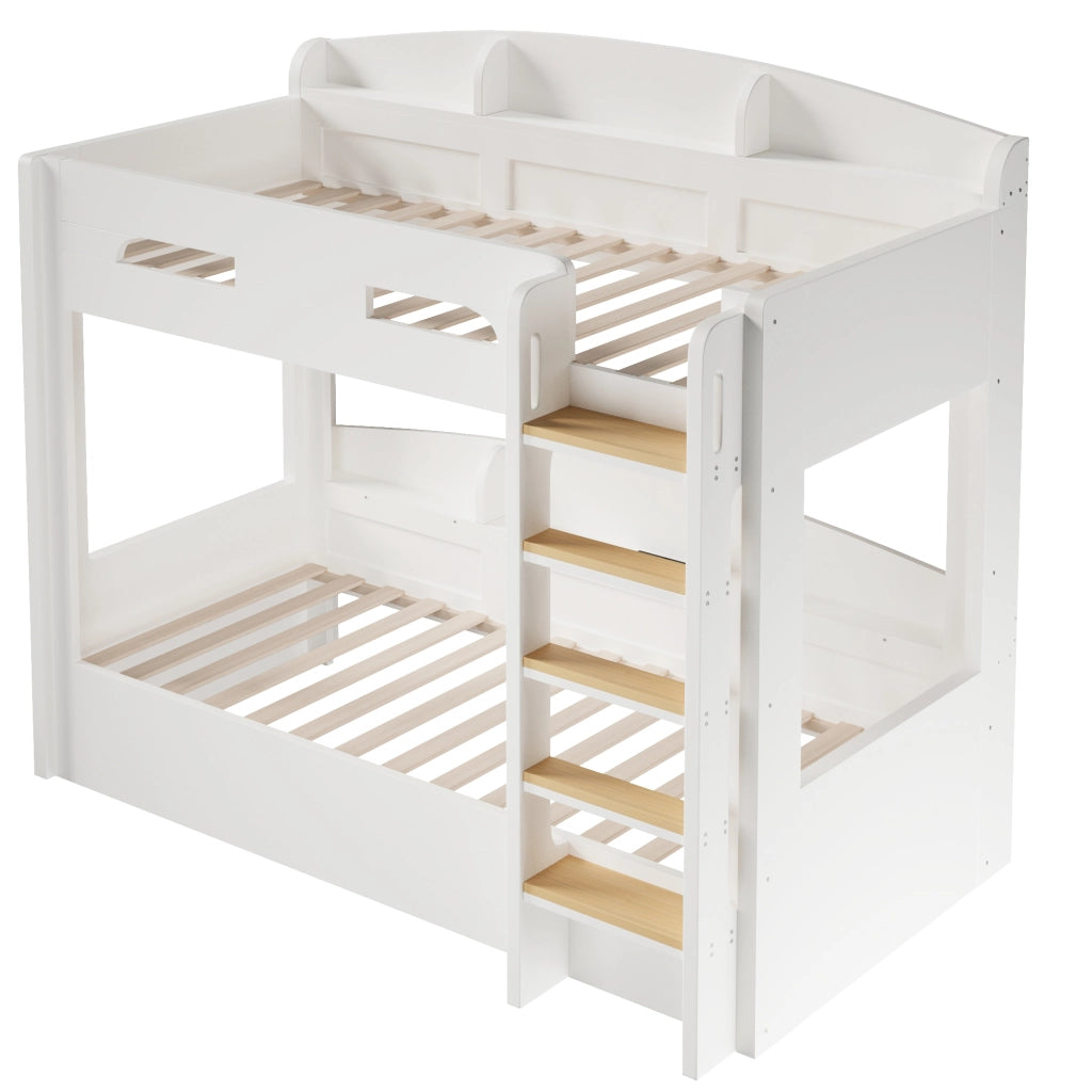 Letto a castello 90x200 cm con letto estraibile; ripiani e presa USB; bianco