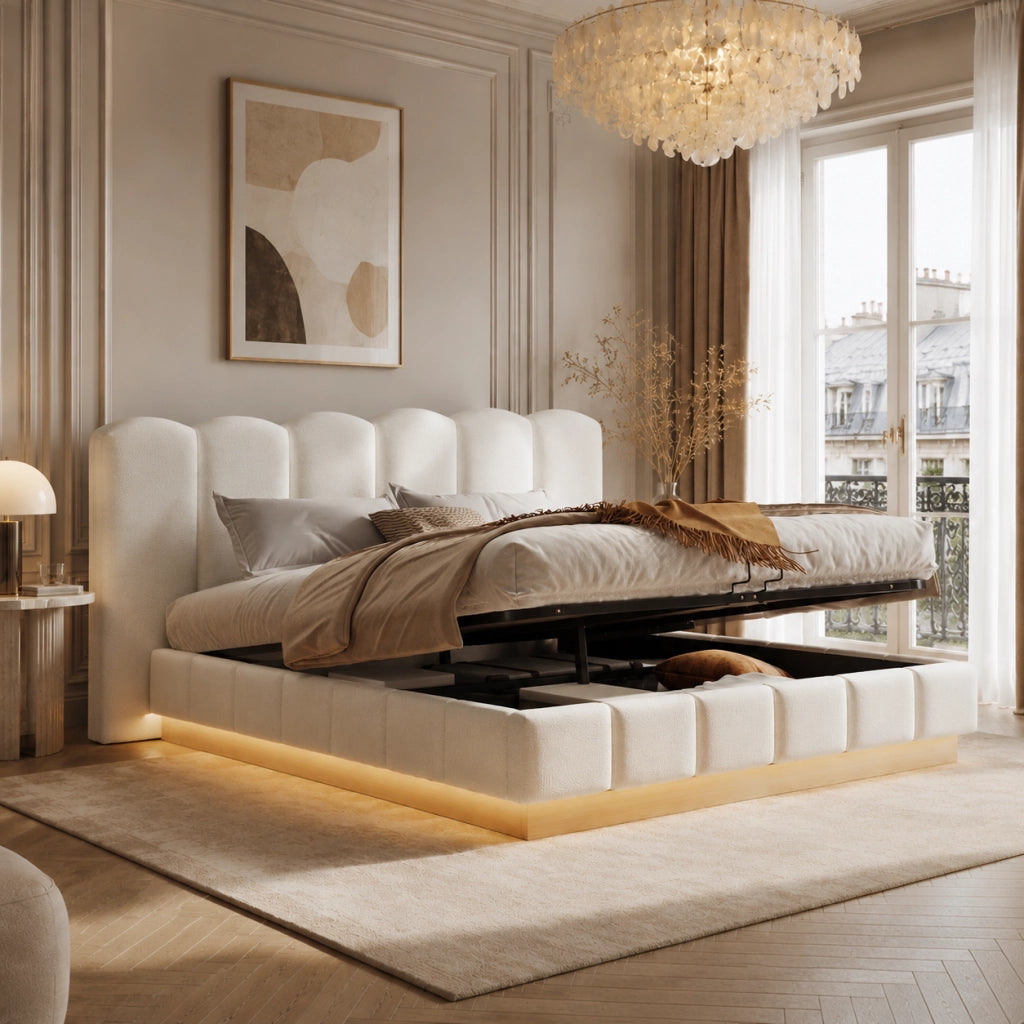 Letto matrimoniale imbottito 180x200 cm con contenitore idraulico LED in bouclé bianco