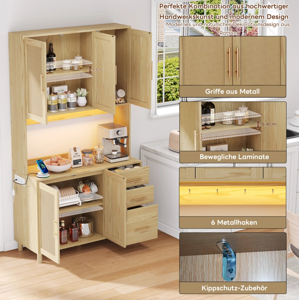 Credenza da cucina in MDF con LED multicolore; 2 prese; USB; 3 cassetti e ripiani regolabili; naturale