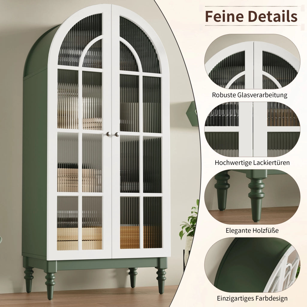 Vetrina ad arco con ante doppie in vetro rigato tre ripiani MDF verde scuro e bianco portata 60 kg 76 × 38.5 × 165 cm