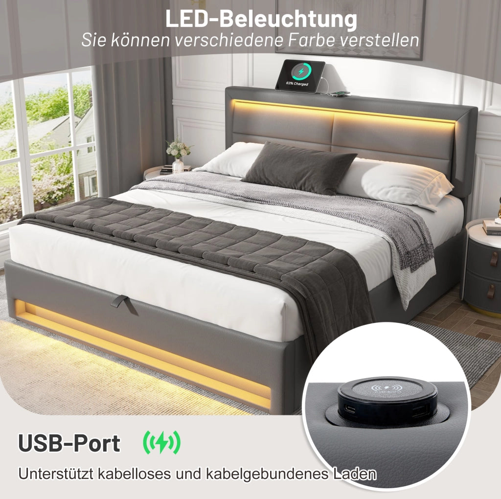 Letto imbottito grigio 140 x 190 cm con USB, LED e contenitore