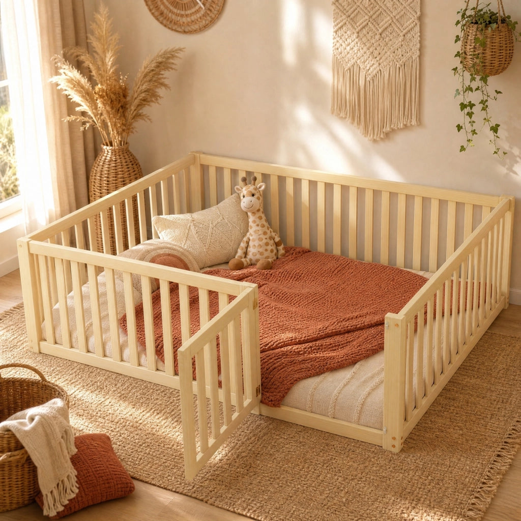 Letto da pavimento ULEVR 140x200 cm con recinto alto 60 cm e porticina apribile, legno naturale