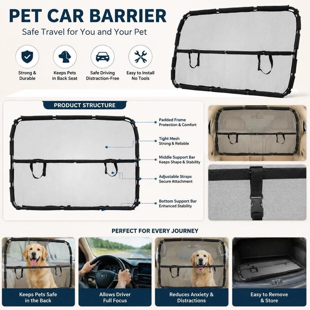 Dog Car Barrier 1415 Mm Partition Dog Guard For Mounting On Front Seats Car Safety Barrier Pet Barrier With Mesh Fabric, Universally Suitable Car Barrier For SUVs Trucks Vehicles, Black