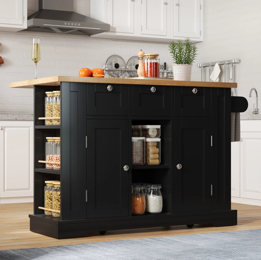 ISOLA DA CUCINA 132x40(70)x87 cm MDF Naturale e Nero con ruote e presa USB